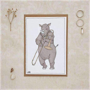 Erlenmeyer Greeting Cards The Rhino and His Trombone ~ Greeting Card from Original Ink and Watercolour Painting by Stephanie Gray