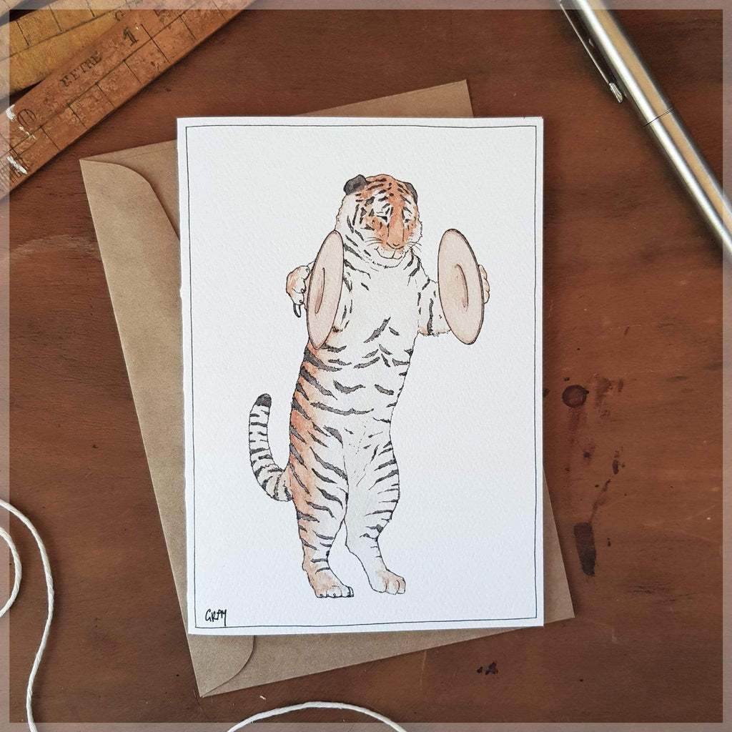 Erlenmeyer Greeting Cards The Tiger and his Cymbals ~ Greeting Card featuring Watercolour & Ink Illustration by Stephanie Gray