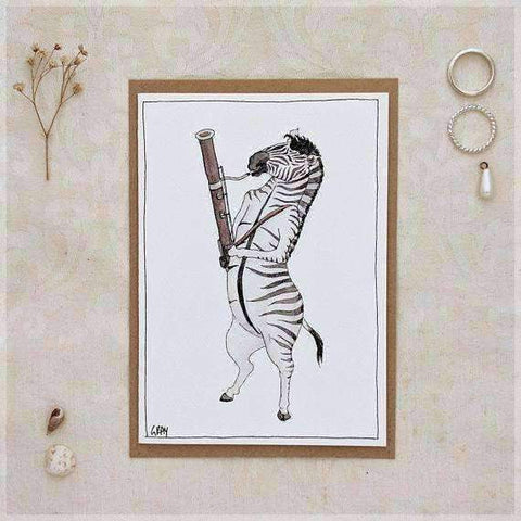 Image of Erlenmeyer Greeting Cards The Zebra & Her Bassoon ~ Greeting Card from Original Ink and Watercolour Painting by Stephanie Gray