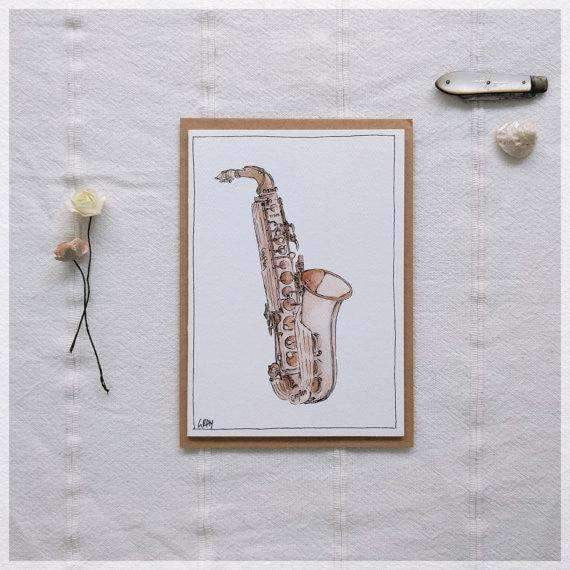 Erlenmeyer Greeting Cards Vintage Saxophone ~ Gift Card featuring Watercolour & Ink Illustration by Stephanie Gray