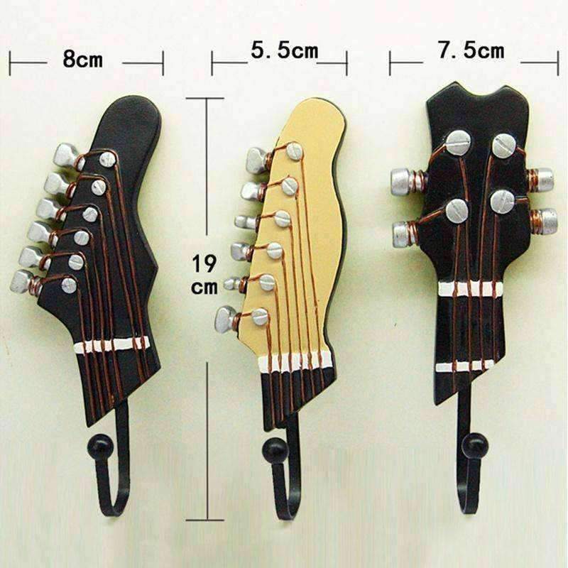 Retro Guitar Heads Hooks Hangers Wall Mounted Set of 3 - Music