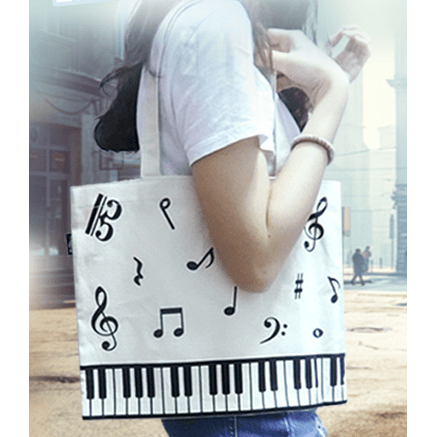 Music Bumblebees Music Bag Cream Canvas Tote Bag Music Notes and Keyboard Design