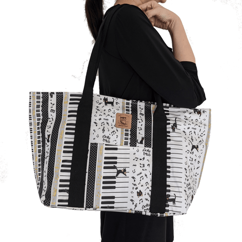 Image of Music Bumblebees Music Bag Large Water-Resistant Tote Bag (Black on White Pattern)~ Kittens & Keys Series