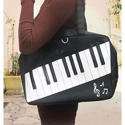 Image of Music Bumblebees Music Bag Tote Bag Black with Keyboard Design and Embroidered Music Notes