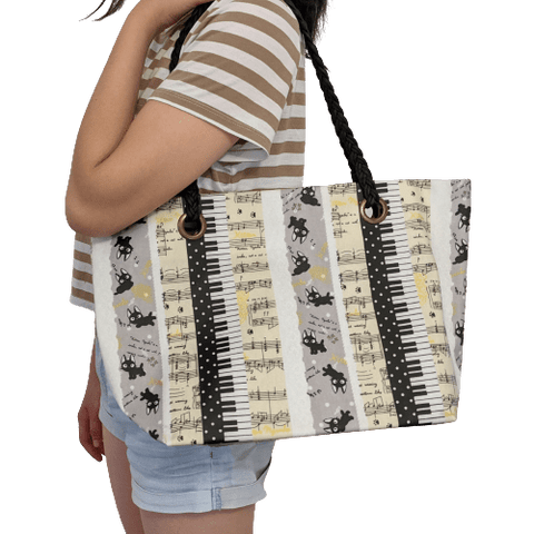 Image of Music Bumblebees Music Bag Uma Hana Music Themed Water Resistant Large Shoulder Bag with Black Strap - Kittens and Keys