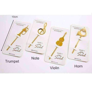Musical Instrument Gold Bookmark - Various Trumpet, French Horn, Cello and G Clef