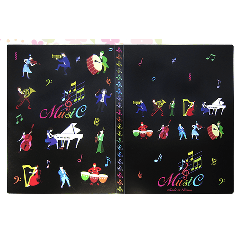 Image of Music Bumblebees Music Folder A4 Clear Display Music Folder (20 pockets) - Black with Colourful Musicians