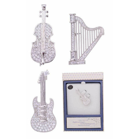 Image of Music Bumblebees Music Jewellery Music Instruments Brooch / Pin - Silver with Crystals Electric Guitar, Cello or Harp