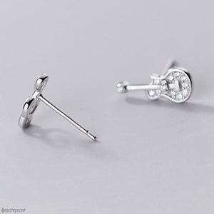 Treble Clef and Guitar Earrings Silver with Sparkles