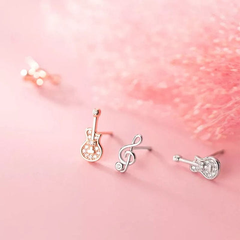 Image of Music Bumblebees Music Jewellery Treble Clef and Guitar Earrings Silver with Sparkles