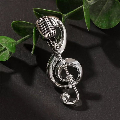 Image of Music Bumblebees Music Jewellery Treble Clef and Microphone Brooch / Pin - Silver Colour