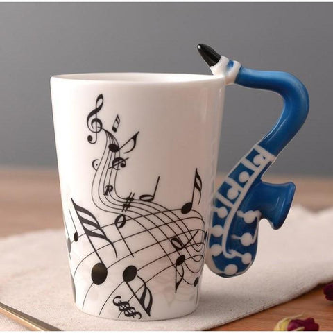 Image of Music Bumblebees Music Mug Blue Saxophone Music Themed Mug with Saxophone Handle