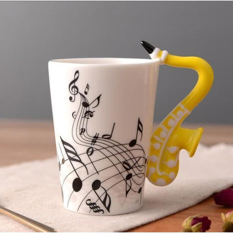 Image of Music Bumblebees Music Mug Yellow Saxophone Music Themed Mug with Saxophone Handle