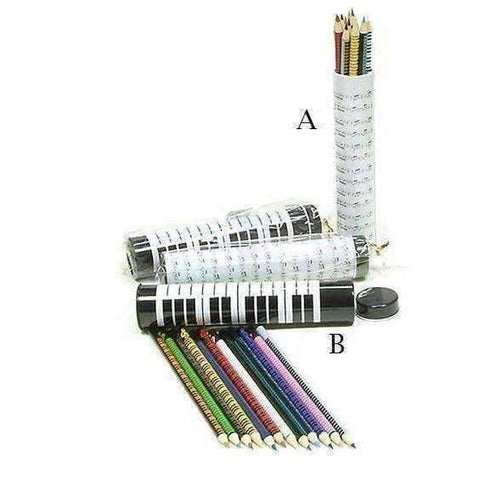 Image of Music Bumblebees Music Stationery A) White with Music Score 12 Music Themed Colour Pencils in Tubular Case - Assorted Designs