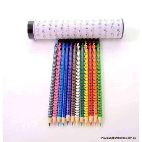 Image of Music Bumblebees Music Stationery A) White with Music Score 12 Music Themed Colour Pencils in Tubular Case - Assorted Designs