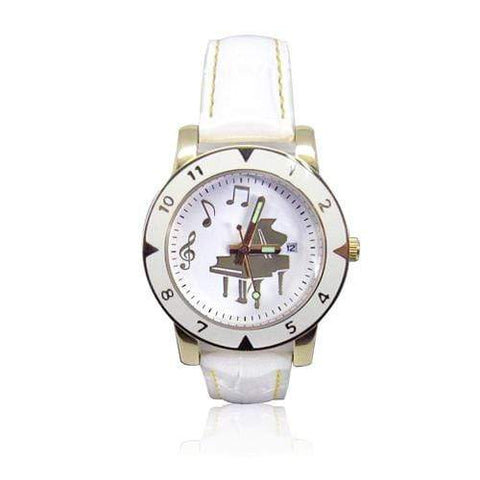 Image of Music Bumblebees Music Watch Music Themed Watch with White Leather Strap and Grand Piano Design