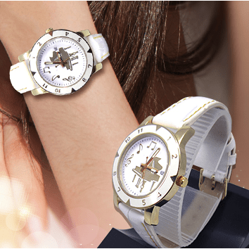 Music Bumblebees Music Watch Music Themed Watch with White Leather Strap and Grand Piano Design
