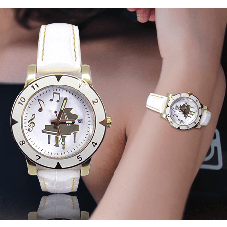 Image of Music Bumblebees Music Watch Music Themed Watch with White Leather Strap and Grand Piano Design