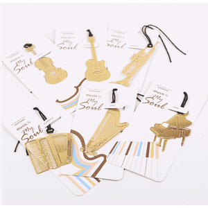 Music Themed Gold Metal Bookmark - Piano, Guitar, Trumpet, Harp and Violin Bookmark